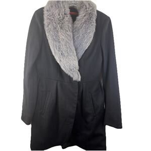 Alice + Olivia Size M Black Wool Cashmere Coat Lambskin Wool Fur Dressy Faux Fur